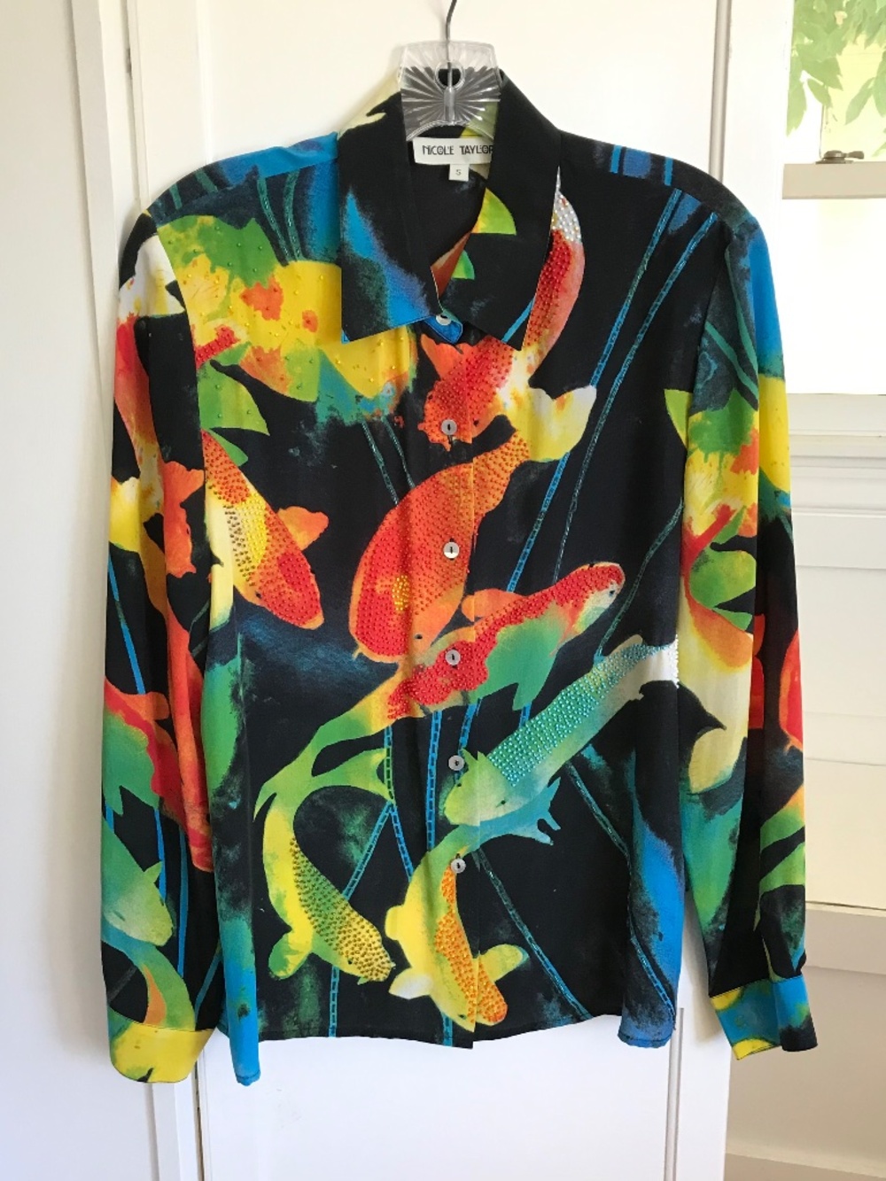 NICOLE TAYLOR 100% Silk Koi Fish Beaded Blouse Art to Wear Vintage Size Small